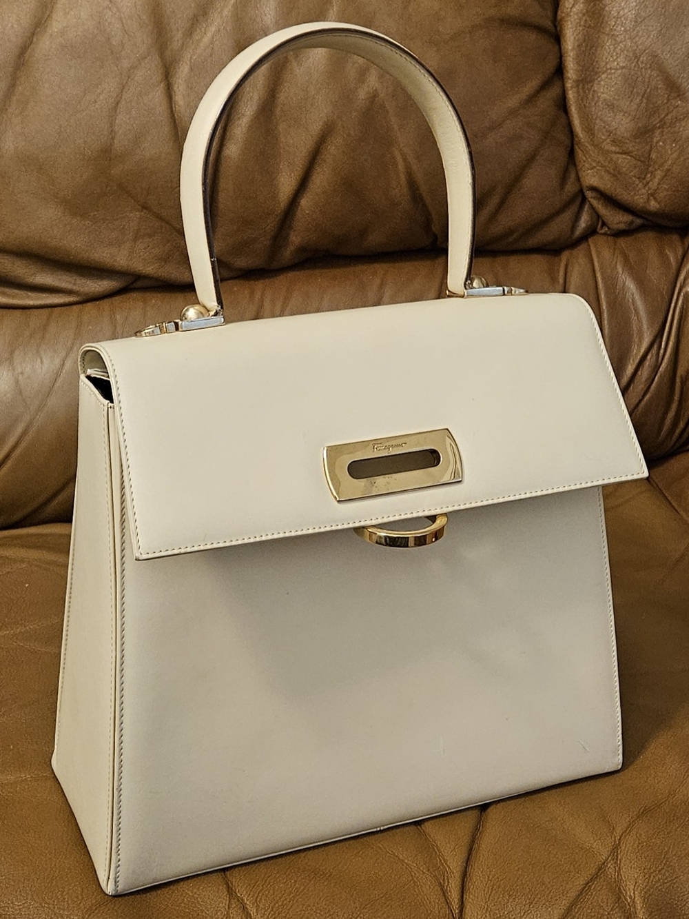Salvatore Ferragamo Cream Leather Top-Handle Satchel with Gold Hardware - Picture 8 of 16